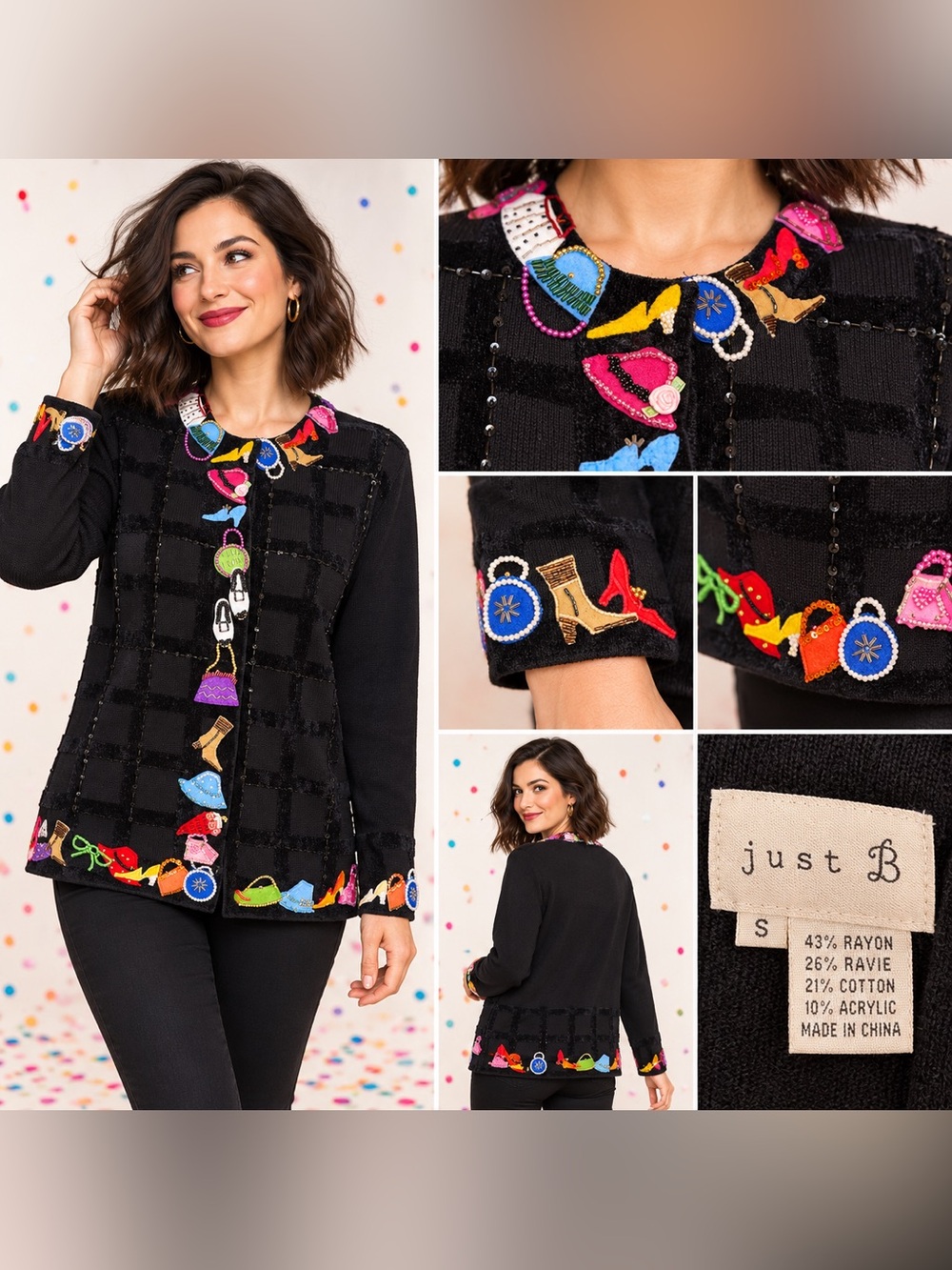 Vintage 1990s Just B • Beaded Fashion Appliqué Cardigan • Wearable Art • Size S
